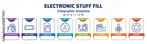 infographic template with icons and 8 options or steps. infographic for electronic stuff fill concept. included photo camera with flash, empty battery, memory card, minute countdown, digital camera, photo