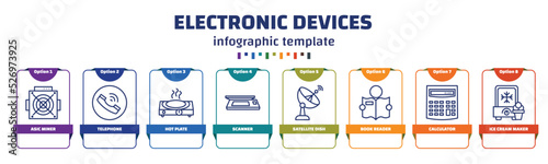 infographic template with icons and 8 options or steps. infographic for electronic devices concept. included asic miner, telephone, hot plate, scanner, satellite dish, book reader, calculator, ice