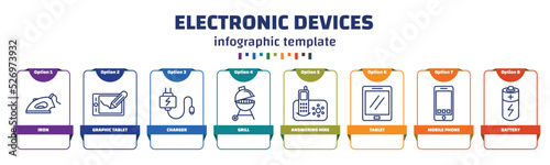 infographic template with icons and 8 options or steps. infographic for electronic devices concept. included iron, graphic tablet, charger, grill, answering hine, tablet, mobile phone, battery