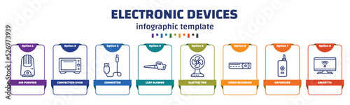 infographic template with icons and 8 options or steps. infographic for electronic devices concept. included air purifier, convection oven, connector, leaf blower, electric fan, video recorder,