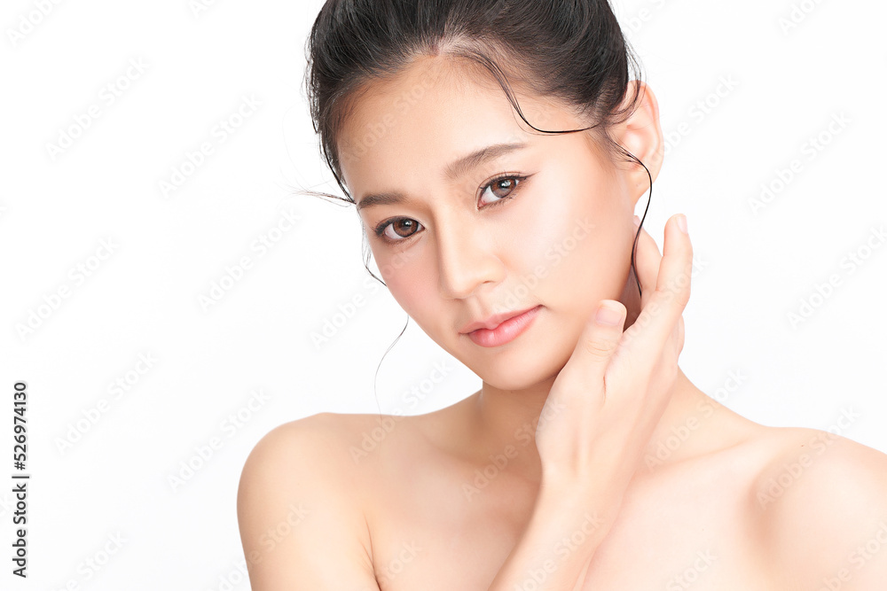 Naklejka premium Beautiful young asian woman with clean fresh skin on white background, Face care, Facial treatment, Cosmetology, beauty and spa, Asian women portrait.