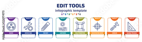 infographic template with icons and 8 options or steps. infographic for edit tools concept. included quark, repair tool, pen edit, lightness, free transform, registration mark, cobbler, school