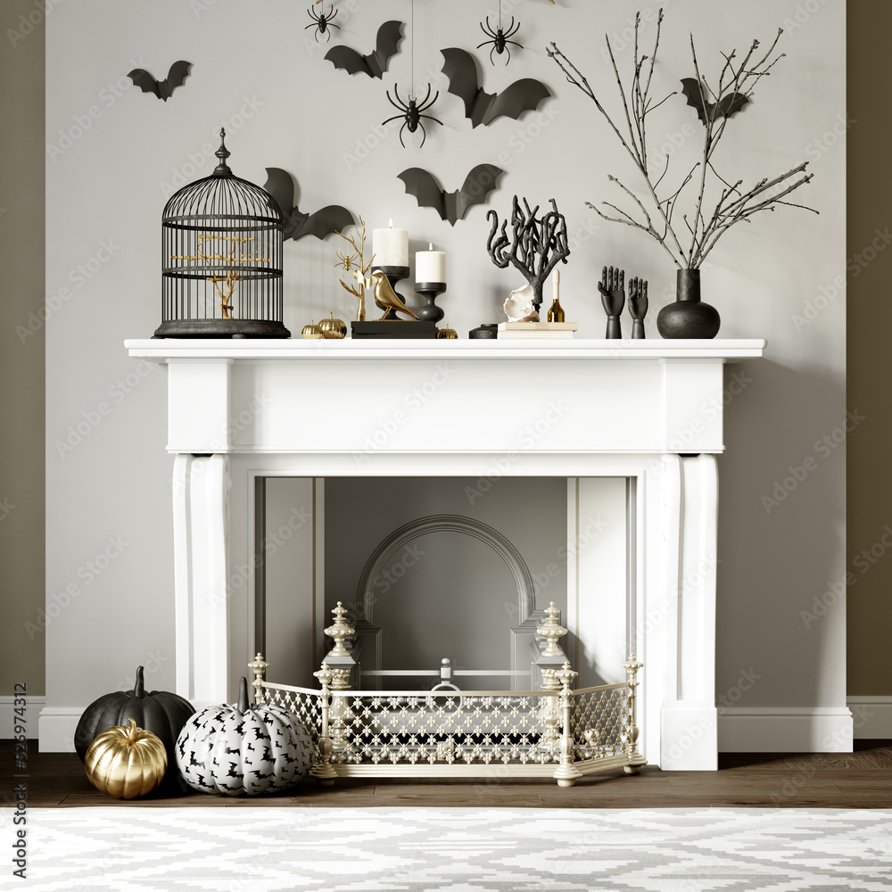 Modern Halloween Living Room Interior. 3D Rendering. Beautiful Decorated  Pumpkins Near A Decorative Fireplace Stock Photo | Adobe Stock