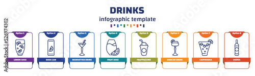 infographic template with icons and 8 options or steps. infographic for drinks concept. included lemon juice, soda can, manhattan drink, fruit juice, frappuccino, sidecar drink, caipiroska, vodka