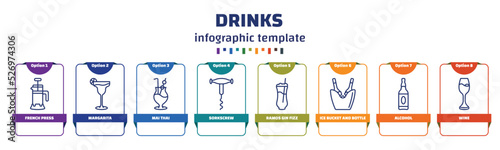 infographic template with icons and 8 options or steps. infographic for drinks concept. included french press, margarita, mai thai, sorkscrew, ramos gin fizz, ice bucket and bottle, alcohol, wine