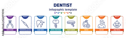 infographic template with icons and 8 options or steps. infographic for dentist concept. included tooth pliers, periodontal scaler, clean tooth, dental prosthesis, dental veneer, dentist, sick boy,
