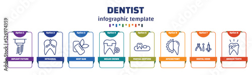 infographic template with icons and 8 options or steps. infographic for dentist concept. included implant fixture, intraoral, mint gum, molar crown, partial denture, apicoectomy, dental hook, broken