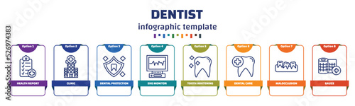 infographic template with icons and 8 options or steps. infographic for dentist concept. included health report, clinic, dental protection, ekg monitor, tooth whitening, dental care, malocclusion,