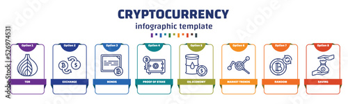 infographic template with icons and 8 options or steps. infographic for cryptocurrency concept. included tor, exchange, bonds, proof of stake, oil economy, market trends, random, saving icons.