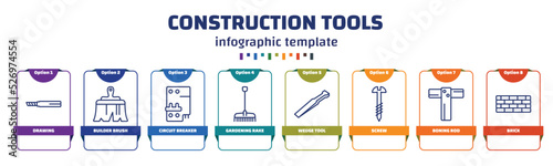 infographic template with icons and 8 options or steps. infographic for construction tools concept. included drawing, builder brush, circuit breaker, gardening rake, wedge tool, screw, boning rod,