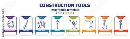 infographic template with icons and 8 options or steps. infographic for construction tools concept. included carpenter cutter, spade tool, home repair, warning, cement mixers, blowtorch, hammer and photo