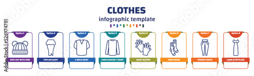 infographic template with icons and 8 options or steps. infographic for clothes concept. included knit hat with pom pom, peplum skirt, v neck shirt, long sleeves t shirt, wool gloves, men socks, photo