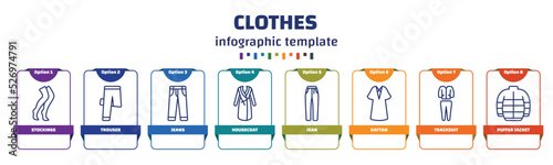 infographic template with icons and 8 options or steps. infographic for clothes concept. included stockings, trouser, jeans, housecoat, jean, kaftan, tracksuit, puffer jacket icons.