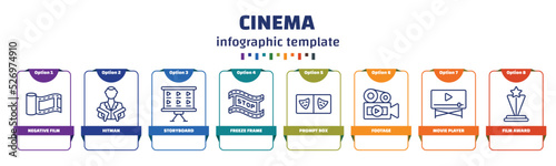 infographic template with icons and 8 options or steps. infographic for cinema concept. included negative film, hitman, storyboard, freeze frame, prompt box, footage, movie player, film award icons.