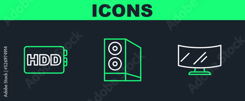 Set line Computer monitor screen, Hard disk drive HDD and Case of computer icon. Vector