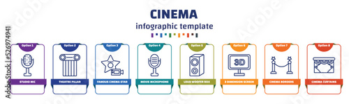 infographic template with icons and 8 options or steps. infographic for cinema concept. included studio mic, theatre pillar, famous cinema star, movie microphone, loud woofer box, 3 dimension