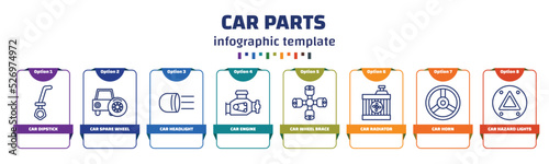 infographic template with icons and 8 options or steps. infographic for car parts concept. included car dipstick, car spare wheel, headlight, engine, wheel brace, radiator, horn, hazard lights