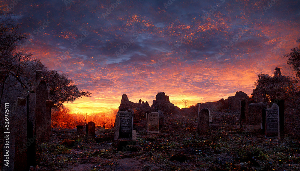 illustration of a cemetery at sunset.3D illustration.Digital painting.