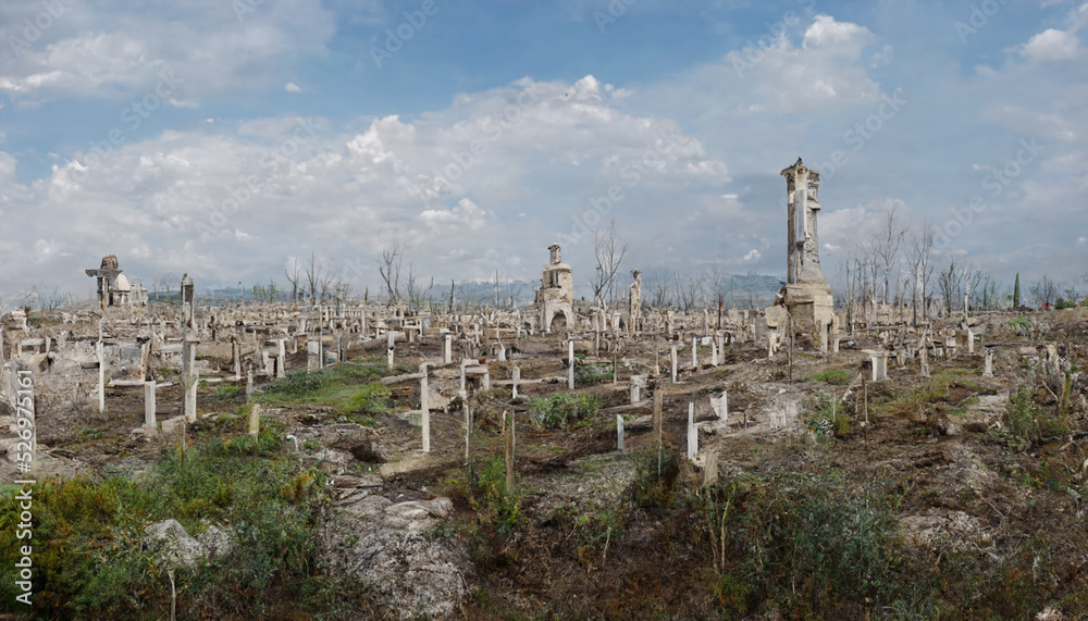 Illustration of a cemetery with a war abandoned city.3D illustration.Digital painting. Illustration of a cemetery with a war abandoned city.3D illustration.Digital painting.