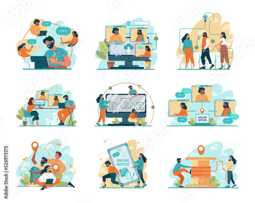 Online office set. Modern virtual office developing and moderating