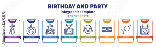 infographic template with icons and 8 options or steps. infographic for birthday and party concept. included wedding dress, halloween, wedding carriage, wedding album, relationship, garter, genders,