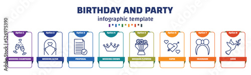 infographic template with icons and 8 options or steps. infographic for birthday and party concept. included wedding champagne, wedding altar, proposal, wedding crown, flowers, cupid, headband, dove