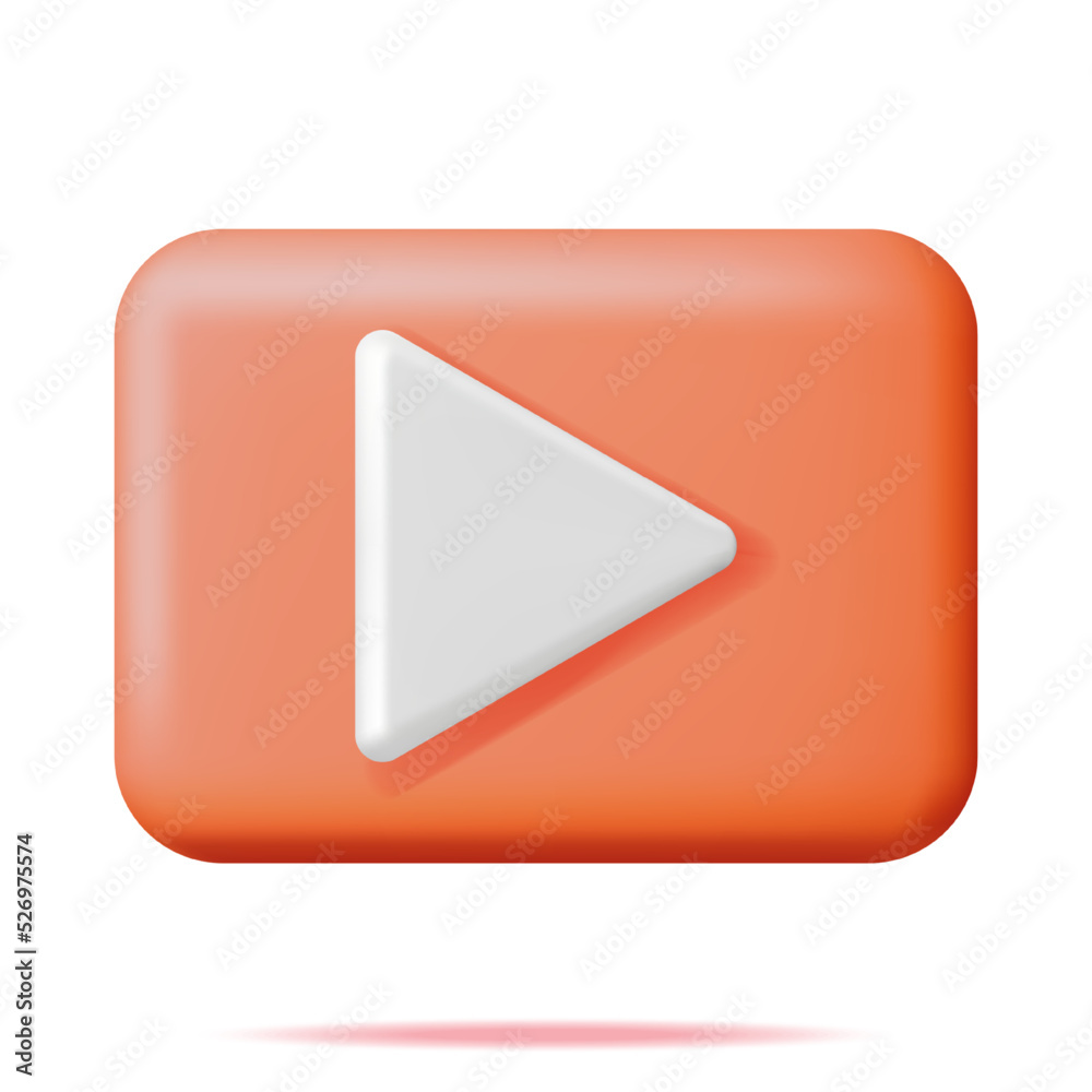 3D Play Button Isolated on White. Render Orange Square with White Triangle Inside. Simple Icon of Web Player. Social Media, Web Multimedia, Movie and Music. Video, Audio and VLOG. Vector Illustration