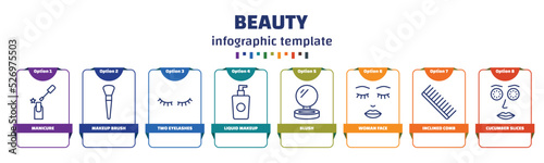 infographic template with icons and 8 options or steps. infographic for beauty concept. included manicure, makeup brush, two eyelashes, liquid makeup, blush, woman face, inclined comb, cucumber
