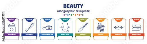 infographic template with icons and 8 options or steps. infographic for beauty concept. included moisturizer, toothbrush, little makeup box, women waist, nail file, curlers, woman lips, folded towel