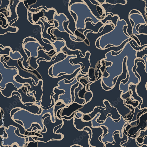 Wavy stains and spots on dark water seamless pattern. Acrylic sinuous lines of oil or gasoline