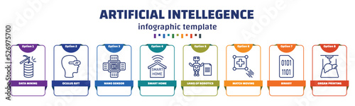 infographic template with icons and 8 options or steps. infographic for artificial intellegence concept. included data mining, oculus rift, nano sensor, smart home, laws of robotics, match moving,