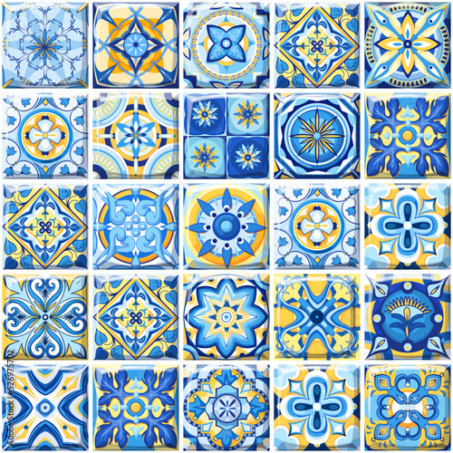 Azulejo tiles, Mediterranean, Portuguese and Spanish retro seamless pattern vector illustration. Ceramic mosaic decoration for home interior, yellow and indigo floral Moroccan arabesque tiles