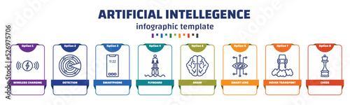 infographic template with icons and 8 options or steps. infographic for artificial intellegence concept. included wireless charging, detection, smartphone, flyboard, brain, smart lens, hover