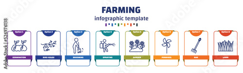 infographic template with icons and 8 options or steps. infographic for farming concept. included germination, bird house, brooming, spraying, garden, pinwheel, rak, lawn icons.