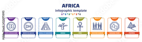 infographic template with icons and 8 options or steps. infographic for africa concept. included south african rand, moroccan dirham, cradle of humankind, marula, ankh, apartheid museum, sudanese