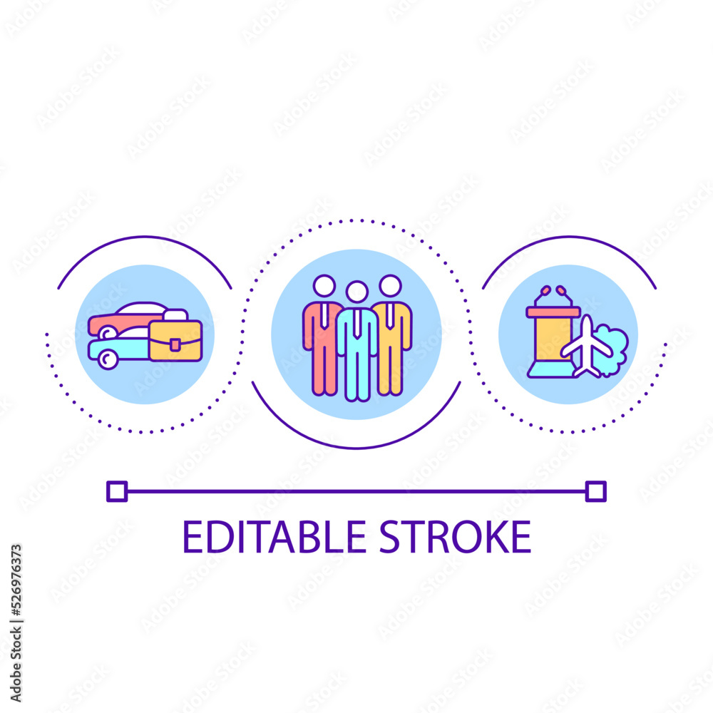 Business transport and travelling loop concept icon. Meeting with foreign colleagues. Communication abstract idea thin line illustration. Isolated outline drawing. Editable stroke. Arial font used Business transport and travelling loop concept icon. Meeting with foreign colleagues. Communication abstract idea thin line illustration. Isolated outline drawing. Editable stroke. Arial font used