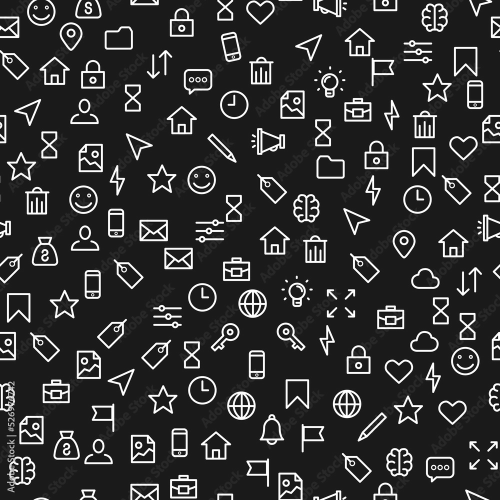 Seamless pattern of social white icons on a black background, on which a face, a house, a castle, an hourglass, a cursor, a pencil, a clock are depicted in a stroke style.