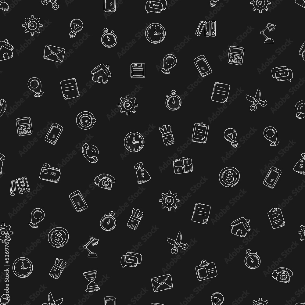 Seamless pattern in doodle style, white business icons on a black background which depicts an envelope, a gear, a light bulb. stopwatch, scissors, calculator, vector flat illustration. Seamless pattern in doodle style, white business icons on a black background which depicts an envelope, a gear, a light bulb. stopwatch, scissors, calculator, vector flat illustration.