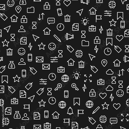 Seamless pattern of social white icons on a black background, on which a face, a house, a castle, an hourglass, a cursor, a pencil, a clock are depicted in a stroke style.