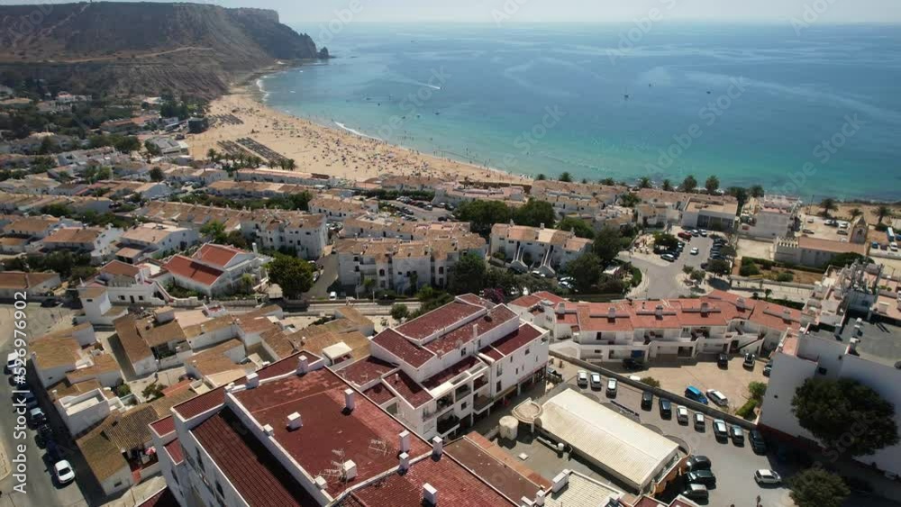 4K Praia Da Luz (Luz) Portugal Beach Aerial Drone Fly Over Blue Sky Summer