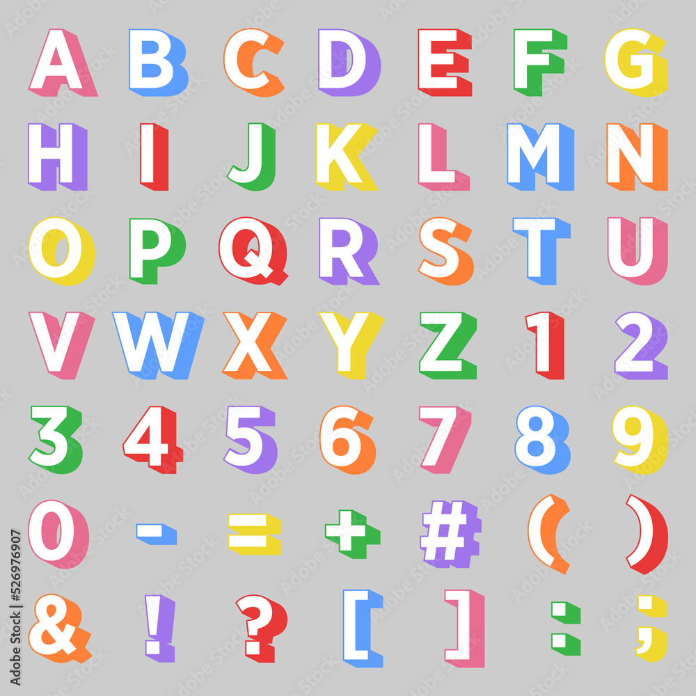 Vector alphabet with letters and symbols in 3D style, multicolored for school and education lessons.