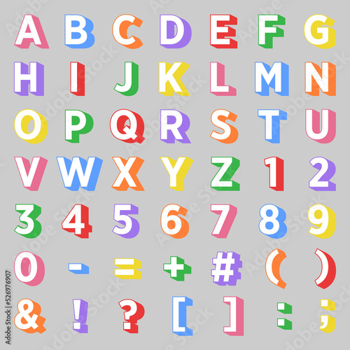 Vector alphabet with letters and symbols in 3D style  multicolored for school and education lessons.