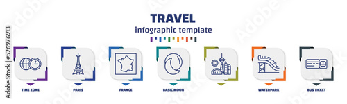 infographic template with icons and 7 options or steps. infographic for travel concept. included time zone, paris, france, basic moon,  , waterpark, bus ticket icons.