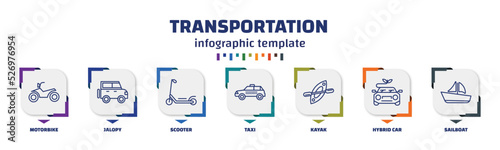 infographic template with icons and 7 options or steps. infographic for transportation concept. included motorbike, jalopy, scooter, taxi, kayak, hybrid car, sailboat icons.