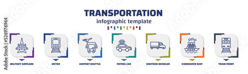 infographic template with icons and 7 options or steps. infographic for transportation concept. included military airplane, metro, airport shuttle, patrol car, eighteen-wheeler, icebreaker ship,