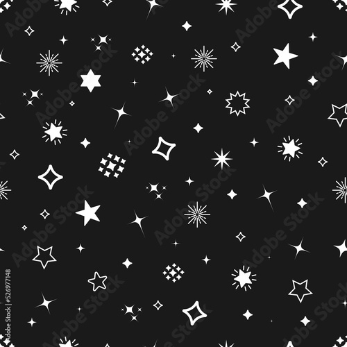 Vector seamless pattern on black star background, flat style for web and web design.