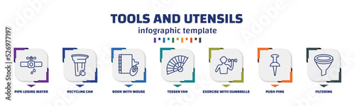 infographic template with icons and 7 options or steps. infographic for tools and utensils concept. included pipe losing water, recycling can, book with mouse, tessen fan, exercise with dumbbells,