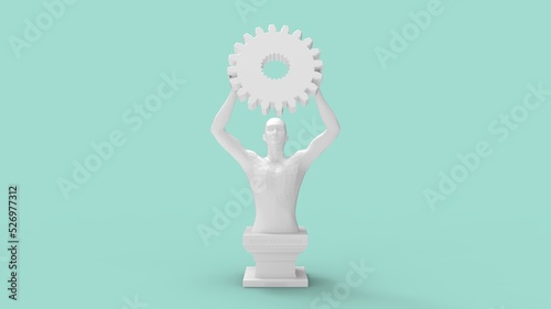 3D rendering of a trophy cup prize winner competition medal. Engineering cog gear man holding and celebrating win reward isolated on empty space studio background.