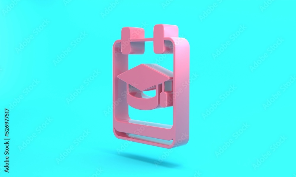 Pink Online education and graduation icon isolated on turquoise blue background. Online teacher on monitor. Webinar and video seminar learning. Minimalism concept. 3D render illustration