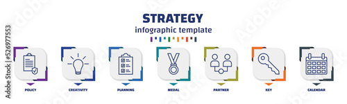 infographic template with icons and 7 options or steps. infographic for strategy concept. included policy, creativity, planning, medal, partner, key, calendar icons.